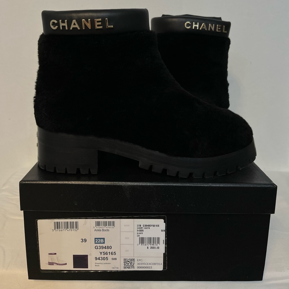 CHANEL Black Shearling Ankle Booties with Logo Cuff